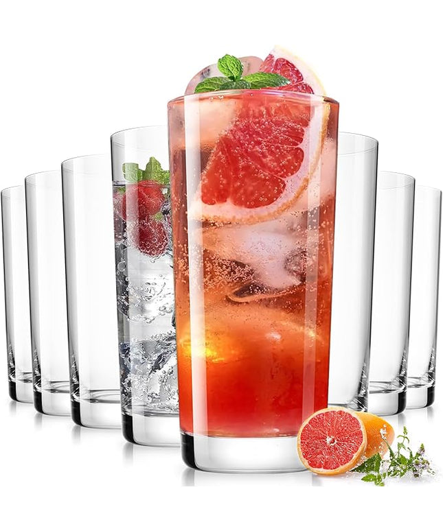 Drinking Glasses Set of 8, 16 oz Water Glasses, Wide Mouth Design Lead-Free Crystal Highball Glassware, Tall Glass Cups for Cocktail Parties, Family Dinners, and Tom Collins Bar Glassware
