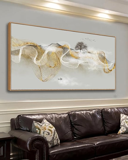 HUADAOART Wall Art Modern Zen Light Luxury Natural Landscape with Golden and White lines Background Wall Decor Canvas Prints for Living Room Bedroom 20x40 Inches (Framed)
