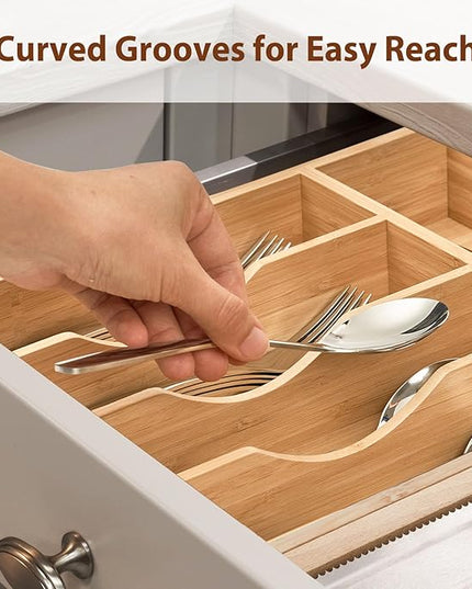 Umilife Kitchen Drawer Organizer, 10 Inch Silverware Utensil Tray Holder, Extra Deep, with Non-Slip Feet & Grooved Drawer Divider, 5 Slots Total Bamboo Wood Caddy for Flatware Cutlery Knives