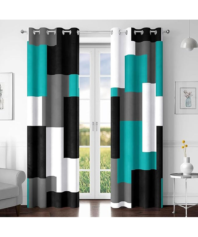 Teal/Turquoise 100% Blackout Curtains for Bedroom 108 inch Extra Long 2 Panels Set Black Grey Modern Abstract Geometric Black Out Curtains Room Darkening Window Drapes for Living Room, 52Wx108L