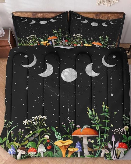 Queen Size Comforter Set with 2 Pillowcases, Mushroom Plant Floral 3 Pcs Bedding for Kids and Adults, Flower Summer Moon Night Soft Comforter Set for Bedroom Bed Decor