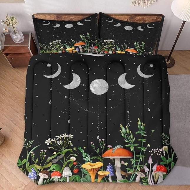 Twin Size Comforter Set with Pillowcase, Mushroom Plant Floral 2 Pcs Bedding for Kids and Adults, Flower Summer Moon Night Soft Comforter Set for Bedroom Bed Decor