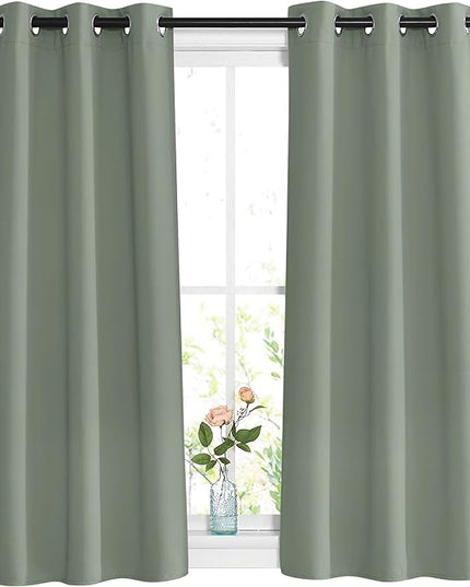 NICETOWN Short Blackout Sage Green Curtains & Drapes for Bedroom - Energy Saving Thermal Insulated Solid Grommet Room Darkening Small Window Treatments for Kitchen/Cafe (2 Panels, W37 x L48)