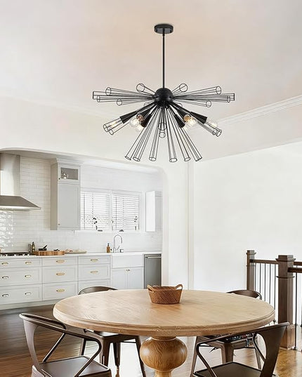 Modern 6-Light Sputnik Black Chandelier, 32.3" Starburst Light Fixture, Modern Chandelier Light Fixtures for Dining Room, Living Room, Kitchen, Foyer, Height Adjustable