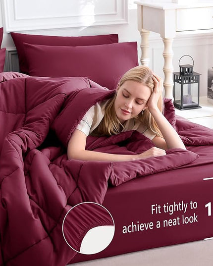 CozyLux King Size Comforter Set Burgundy, 7 Pieces Bed in a Bag, Red Comforter King Size, All Season Bedding Sets with Stitch Quilted Comforter, Flat Sheet, Fitted Sheet, Pillowcases