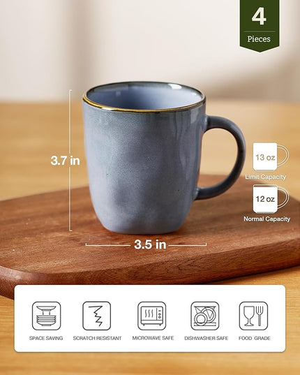famiware Coffee Mugs Set of 4, Ocean Square 13oz Coffee Cup Set with Handle for Cocoa, Milk, Hot Chocolate, Tea, Water, Stoneware Cups for Kitchen, Microwave and Dishwasher Safe, Blue