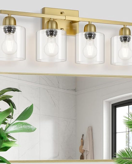 Modern Brushed Gold 4 Light Bathroom Light Fixtures, 24 inch Vanity Lights for Bathroom with Clear Glass, Bathroom Vanity Light for Mirror Kitchen Living Room Hallway Cabinet Porch