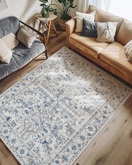 jinchan Lima Machine Washable Area Rugs 4x6 - Vintage Floral Stain Resistant Low Pile Ultra-Thin Non Slip Accent Rug for Bedroom Living Room Kitchen Dining Room Entryway (4x6ft, Blue)