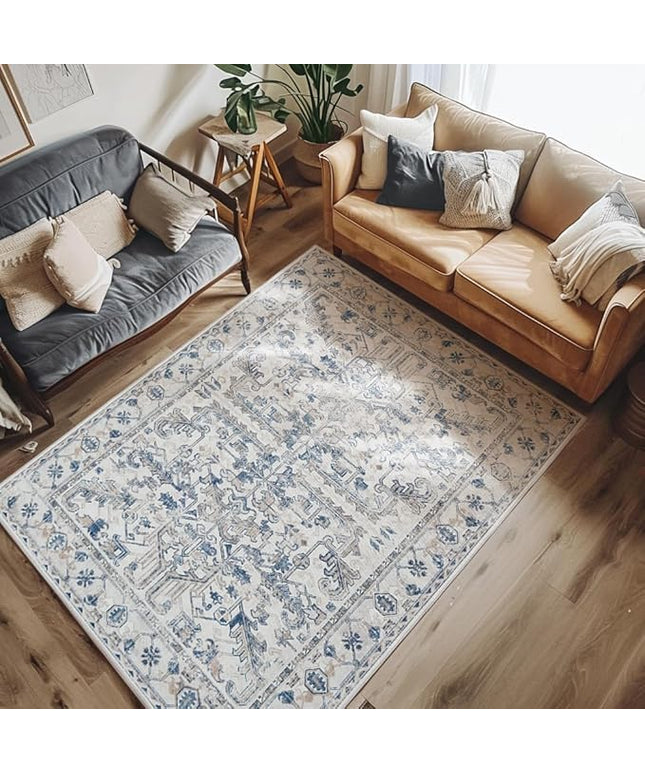 jinchan Lima 5x7 Machine Washable Area Rugs - Vintage Floral Stain Resistant Low Pile Ultra-Thin Non Slip Accent Rug for Bedroom Living Room Kitchen Dining Room Entryway (5x7ft, Blue)