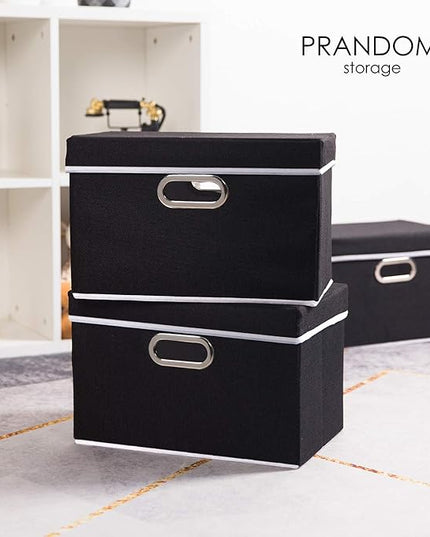 PRANDOM Foldable Storage Box with Lid [3-Pack] Fabric Collapsible Storage Bin Organizer Container Basket Cube with Cover for Home Bedroom Closet Office Nursery Black (14.9x9.8x9.8)