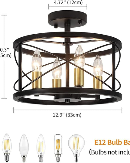 TOULMJ 4-Light Semi Flush Mount Ceiling Light, Black Gold Ceiling Light Modern Hallway Light Fixtures for Kitchen Island Entryway Laundry Room Foyer Dining Room