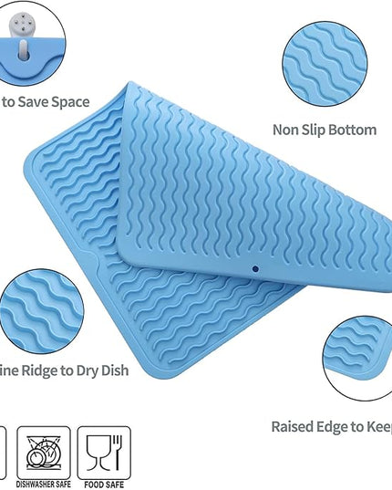 Silicone Dish Drying Mat for Multiple Usage,Easy clean,Eco-friendly,Heat-resistant Silicone Mat for Kitchen Counter or Sink,Refrigerator or drawer liner Light Blue L 16 inches x 12 inches