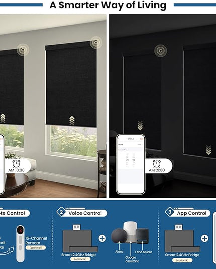 No Drill Motorized Blinds with Remote, Blackout Automatic Blinds with Solar Panel, Cordless Smart Electric Roller Shades for Windows, Black, 34½ x 72