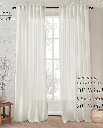 XTMYI 105 Inch Curtains 2 Panels Set Custom Length Back Tab Linen Window Sheer Curtain Drapes for Living Room Bedroom,50x105 in Long,Cream(Ivory/Off White)