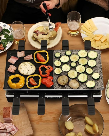 Raclette Grill, Techwood Electric Indoor Grill with 2 Reversible Non-stick Grill Griddle Plates, 1 Stone Grill Plate, 1500W Fast Heating with 8 Cheese Pans, Ideal for Parties and Family Fun, Black