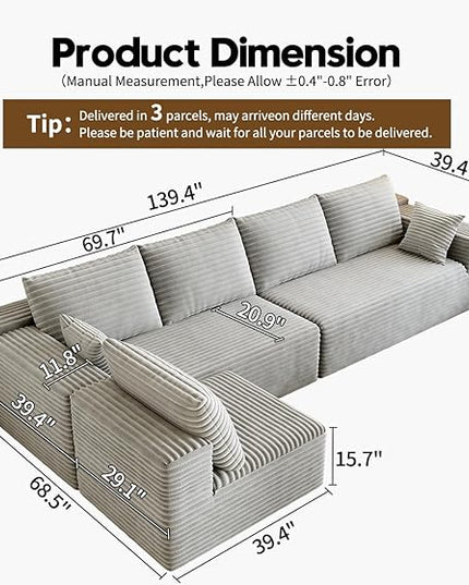 139.4" Modular Sectional Sofa, L-Shaped Minimalist Couches with Middle Seat Chaise, Modern Deep Seat Convertible Sleeper Sofa,Cloud Plush Corduroy Fabric, No Assembly Required, 5 Seater, Grey