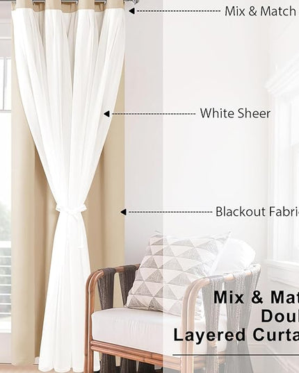 Hiasan Mix & Match Blackout Curtains with Sheer Overlay, Double Layer Thermal Insulated Privacy Grommet Window Curtains for Girls Bedroom, Living Room, 2 Drape Panels with Tiebacks, Beige, 52W X 96L