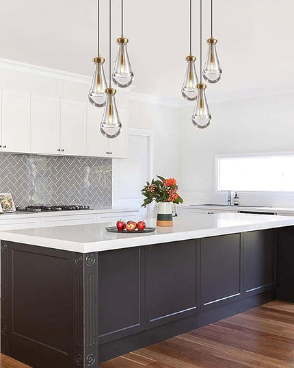 Brass 3 Light Pendant Lighting for Kitchen Island, Raindrop Cluster Pendant Light Fixture, Adjustable Hanging Rope Glass Chandelier Dining Room Light Fixture Ceiling Lamp for Foyer Hallway