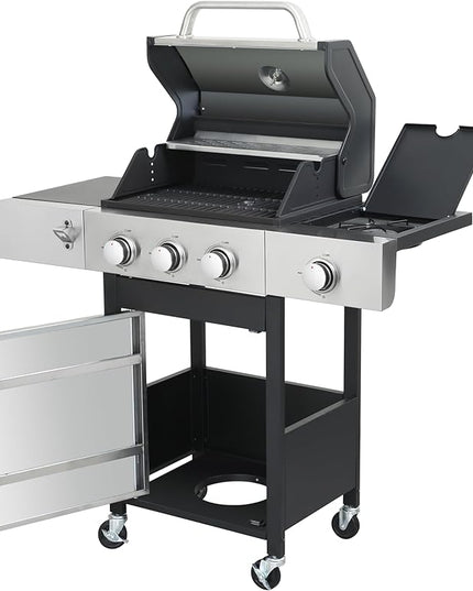 3-Burner Propane Gas Grill with Side Burner, 37,230 BTU Stainless Steel BBQ Grill with Enamel Cast Iron Grates, Warming Rack & Locking Wheels for Outdoor Patio