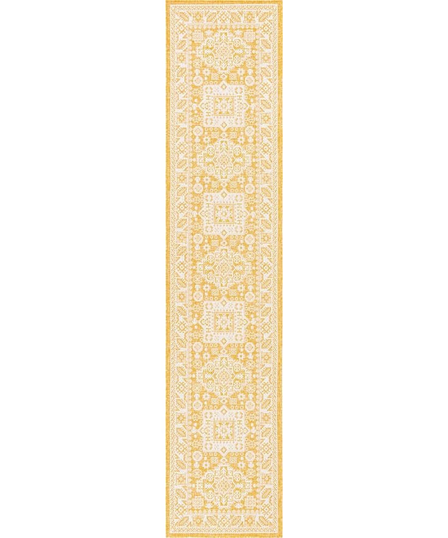 Rugs.com Outdoor Aztec Collection Rug – 12 Ft Runner Yellow Flatweave Rug Perfect for Hallways, Entryways