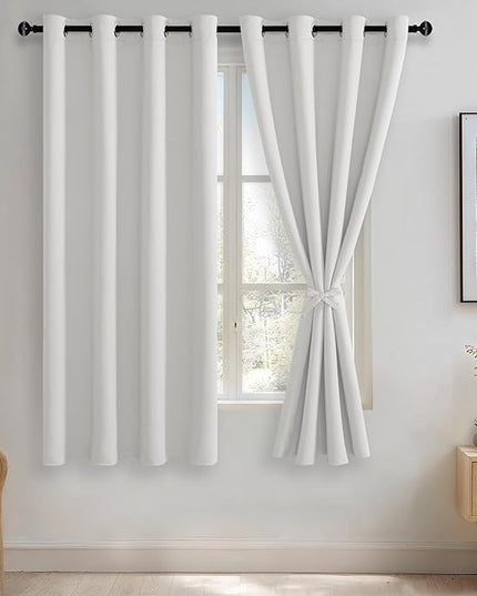 JIUZHEN Blackout Curtains with Tiebacks - Thermal Insulated, Light Blocking and Noise Reducing Grommet Curtain Drapes for Bedroom and Living Room, Set of 2 Panels,Greyish White 52 x 63Inch Length