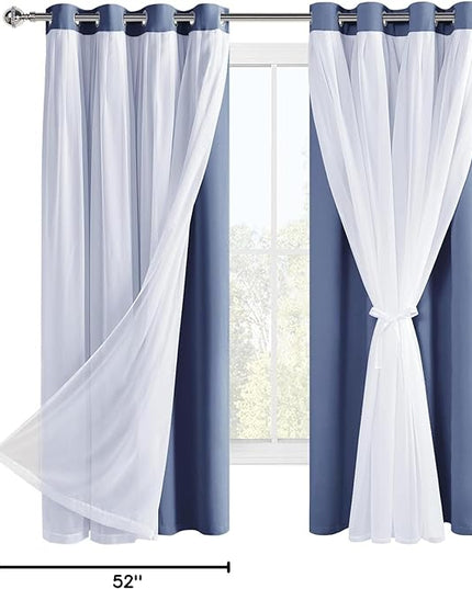 Hiasan Blackout Curtains with Sheer Overlay, Thermal Insulated Mix & Match Double Layer Room Darkening Window Curtains for Bedroom,Living Room,Nursery 2 Panels with Tiebacks (52W X 63L,Blue Haze)