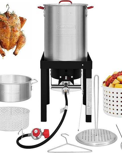 CreoleFeast TFS3010 Propane 30 Qt. Turkey and 10 Qt. Fish Fryer Boiler Steamer Set, 50,000 BTU Burner, Ideal for Outdoor Cooking