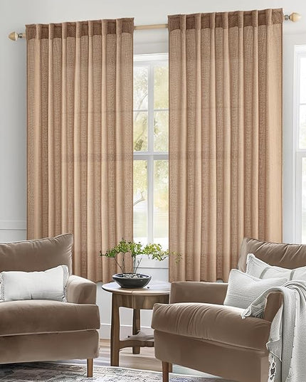 MIULEE Light Brown Linen Curtains 54 Inch Length 2 Panels for Bedroom Living Room, Soft Thick Linen Textured Natural Short Window Drapes Semi Sheer Light Filtering Back Tab Burlap Look Decor