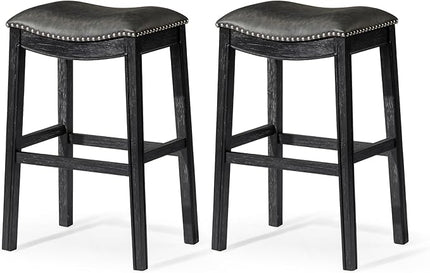 Maven Lane Adrien Backless Bar Stool – Set of 2 – 31 Inch Saddle Seat with Footrest – Black Solid Wood Frame & Grey Faux Leather Upholstery – Ideal for Bars, Pub Tables & Tall Kitchen Counters