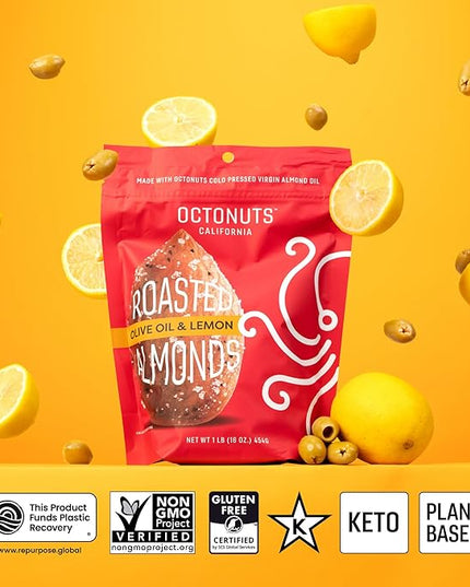 Octonuts Dry Roasted Olive Oil & Lemon Almonds – 16oz Resealable Bag - Healthy Snack for Adults and Kids - Plant Protein with Fiber, Calcium & Iron - Low Carb, Low Calorie - Non-GMO, Gluten Free Snacks