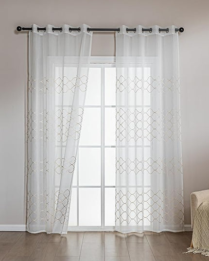 Amazon Basics 2-Piece Embroidery Sheer Curtain Set, Light Filtering Hollow Drapes for Living Room and Bedroom, 52" W × 95" L, White Scale