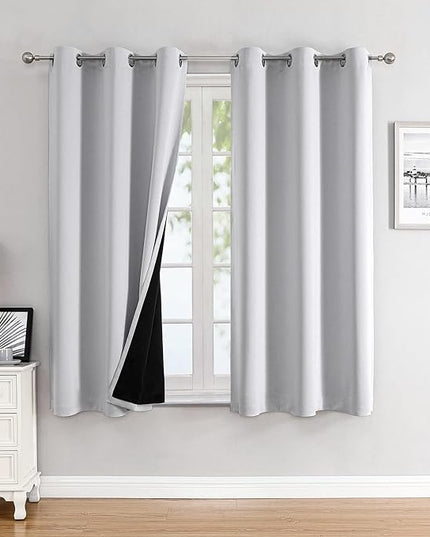 ChrisDowa 100% Blackout Curtains for Bedroom with Black Liner, 2 Thick Layers Total Blackout Thermal Insulated Grommet Window Curtains 2 Panels Set (Greyish White, 42 x 63 Inch)