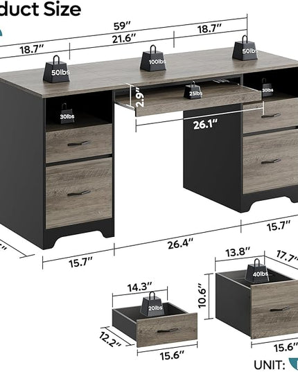 Bestier 59” Computer Desk with 4 Drawers, Office Desk with Storage, Industrial Executive Desk with File Drawer, Keyboard Tray & 2 Pedestals on Both Sides for Home Office & Studio, Grey
