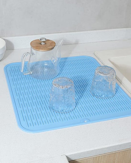 Silicone Dish Drying Mat for Multiple Usage,Easy clean,Eco-friendly,Heat-resistant Silicone Mat for Kitchen Counter or Sink,Refrigerator or Drawer Liner Light Blue XL 18 inches x 16 inches