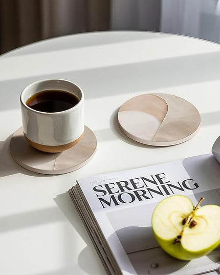 VEYRO Coasters Set of 6 for Drinks – Absorbent Ceramic Stone Drink Coasters with Cork Backing for Coffee Table & Desk, Modern Marble Look Cup Coaster Set, Housewarming Gift for New Home