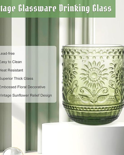 Glass Cups, Vintage Glassware Drinking Glass Set of 4, 12oz Colored Glassware with Sunflower Design, Embossed Floral Decorative Glasses Drinking Set for Beverage, Vintage Drinking Glasses (Green)