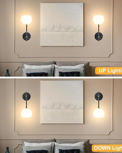 Black Gold Battery Operated Wall Sconces Set of 2, Rechargeable Wireless Wall Lights with Milky White Frosted Glass, 12 RGB and 3CCT Dimmable, Wall Lamps with Remote for Bedroom Living Room Hallway