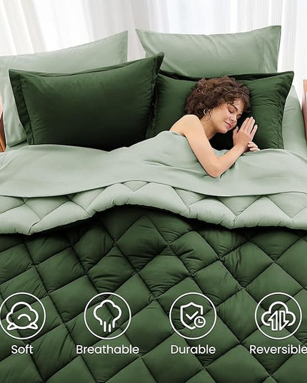 MUXHOMO 7 Pieces Full Comforter Set, Reversible Bed in a Bag Full Size, All Season Bedding Set with Comforter, Flat Sheet, Fitted Sheet, Pillowcases & Shams, Dark Green & Light Green