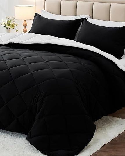 MUXHOMO 7 Pieces King Comforter Set, Reversible Bed in a Bag King Size, All Season Bedding Set with Comforter, Flat Sheet, Fitted Sheet, Pillowcases & Shams, Black & White