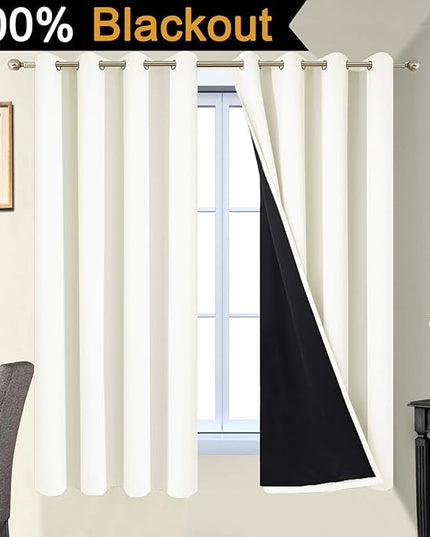Yakamok 100% Blackout Curtains with Black Liners, Solid Home Decor Thermal Insulated Full Blackout 2-Layer Lined Drapes, Energy Efficiency Window Draperies for Bedroom (52Wx63L, Cream, 2 Panels)