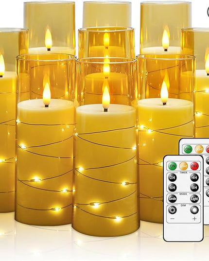 Flickering Flameless LED Candles,Battery Operated Candles 9 Pcs with Embedded Star String,Acrylic LED Pillar Candles with Remote,Suitable for Home Decoration to Create an Atmosphere（Gold）