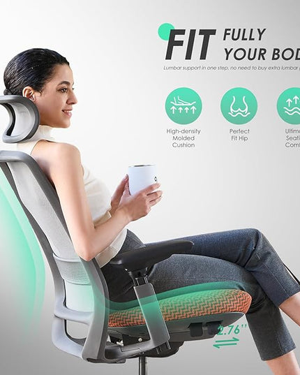 COLAMY Ergonomic Office Chair, Mesh Desk Chair with High Back, Lumbar Support, Adjustable Headrest and 4D Arms, Slide Seat, Tilt Lock-Coral