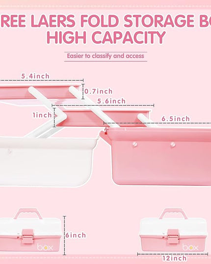 12in 3-Layer Plastic Craft Organizers and Storage, Portable Folding Tackle Box with Handle & Adjustable Dividers, Multipurpose Case for Sewing, Art Supplies, Medicine, Tools (White Pink)