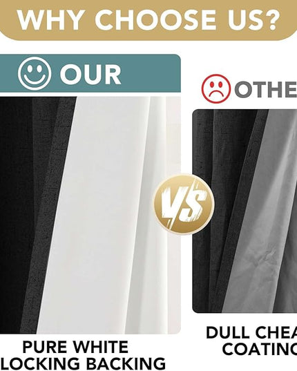 H.VERSAILTEX Bedroom Curtains Blackout Linen Blackout Curtains 84 Inches Long, 100% Blackout Thermal Textured Linen Look Curtain Draperies Grommet with White Liner, 2 Panels, Black