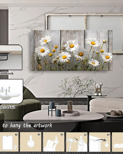KZKU Rustic Daisy Canvas Wall Art-White Flowers on Weathered Wood Background- Large Modern Farmhouse Decor for Living Room Bedroom 20X40in