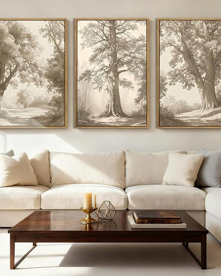Large Wall Art Vintage Tree Wall Art Framed Tree Sketch Antique Painting Neutral Forest Artwork 16x24 Inch Set of 3 for Living Room Bedroom
