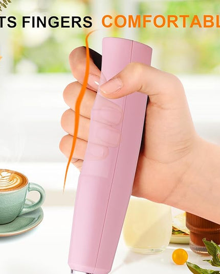 YUSWKO Pink Handheld Milk Frother Wand with Stand for Coffee, Rechargeable Electric Whisk with 3 Heads 3 Speeds Drink Mixer Coffee Frother For Latte, Cappuccino, Hot Chocolate, Egg