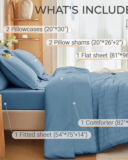 MUXHOMO 7 Pieces Full Comforter Set, Seersucker Bed in a Bag Full Size, All Season Luxury Bedding Set with Comforter, Flat Sheet, Fitted Sheet, Pillowcases & Shams, Mineral Blue