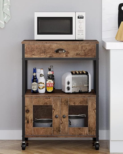 Catrimown Coffee Cart Station, Coffee Stand Station, Small Microwave Stand with Drawer, Movable Farmhouse Coffee Station Table on Wheels for Living Room, Entryway, Dining Room, Kitchen