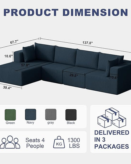 138" Boneless Couches for Living Room, Modular Cloud Couch Sofa - 4 Pieces L Shap Corduroy Sectional Sofa, Fluffy Memory Foam Sleeper Sofa Furniture, No Assembly, Wide Armrest, Navy Blue